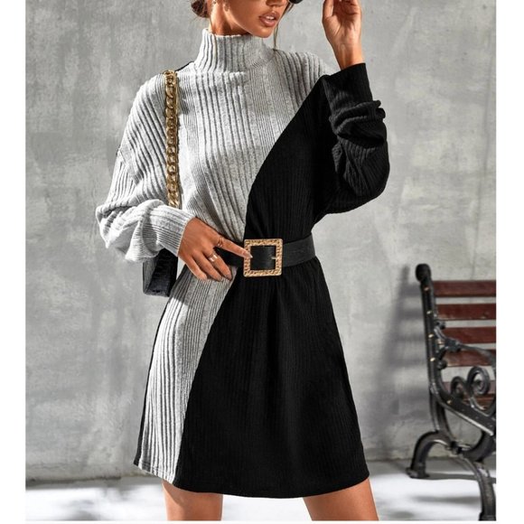 Turtle Neck Drop Shoulder Two Tone Sweater Dress - Picture 1 of 9